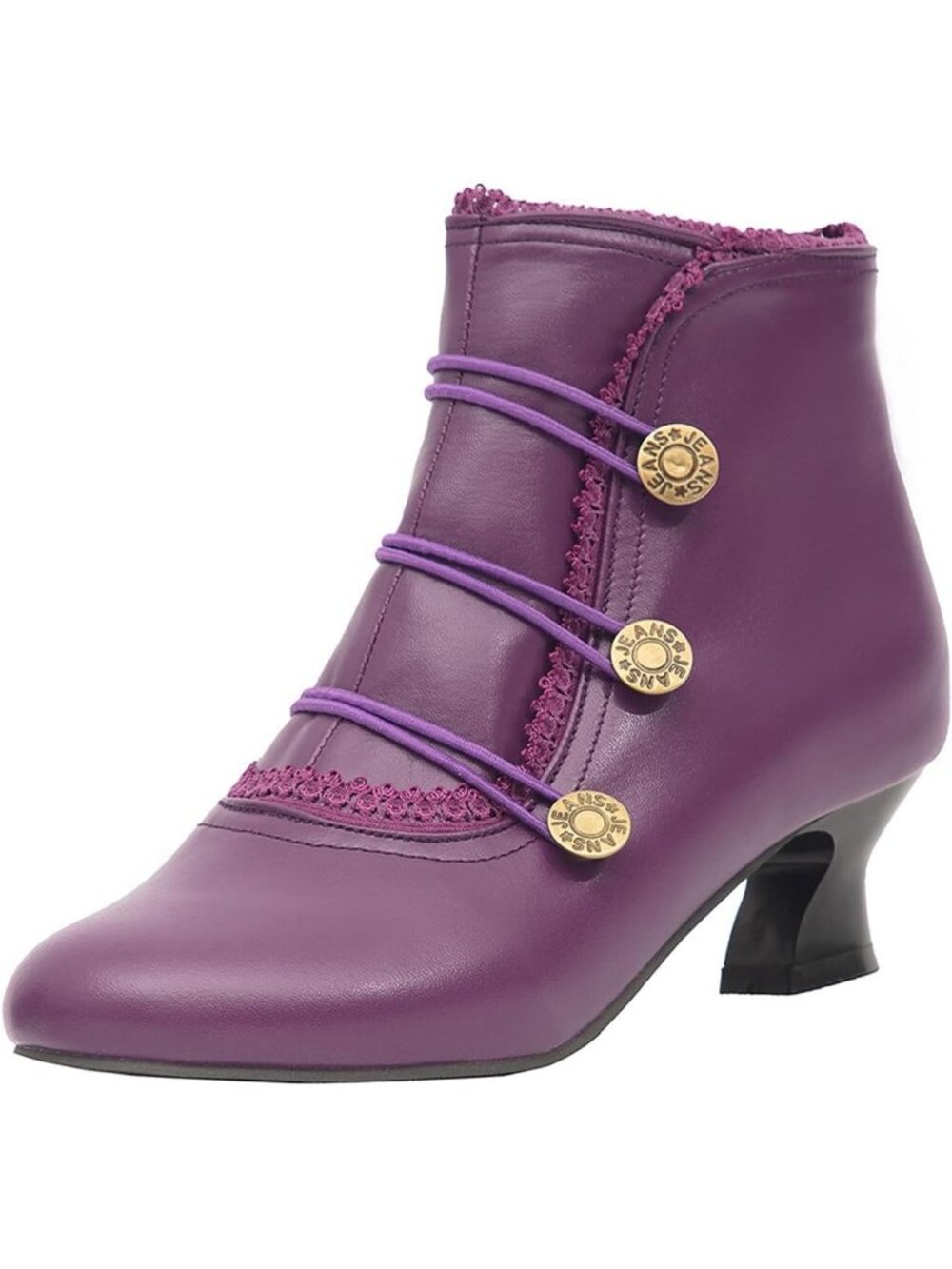 Women's Purple Ankle Boots Low Heels Lace Buttons Round Toe Side Zipper Boots